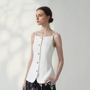 Women's chic white slim-fit sleeveless button-up vest with classic flap pocket details