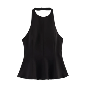 Elegant black halter neck sleeveless top with peplum hem for women in summer style