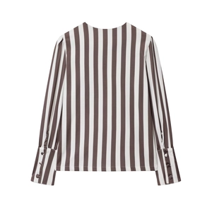 Detailed back view of a striped long sleeve blouse with elongated buttoned cuffs