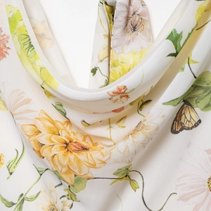 Women's summer floral cowl neck dress with yellow blossoms and butterfly prints