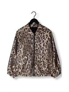 Detailed close-up of leopard print bomber jacket featuring classic metal zip and collar