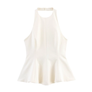 Elegant white halter neck sleeveless peplum top with flare hem for summer fashion