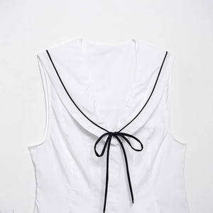 Chic white sleeveless top with contrast sailor collar and delicate bow tie detail