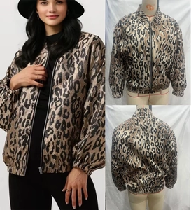 Detail view of the zipper closure and leopard print fabric on a loose summer jacket