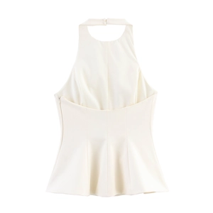 Detail of white halter neck peplum top with back neck buttons and side zipper closure