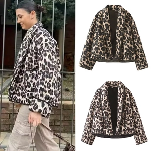 Women's leopard print quilted jacket with lapel collar and large front pockets
