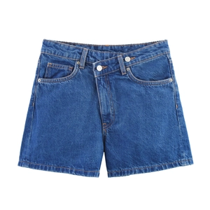 Women's minimalist high waist denim shorts with asymmetric waist design in mid-blue