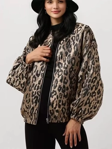 Detail of leopard print bomber jacket with glossy fabric, zipper, and elastic cuffs