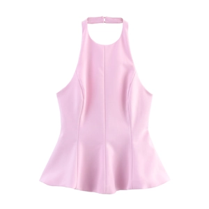 Chic baby pink halter neck peplum top with back buckle closure and sleeveless design