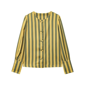 Green and yellow vertical striped long sleeve blouse with puff sleeves and round neck