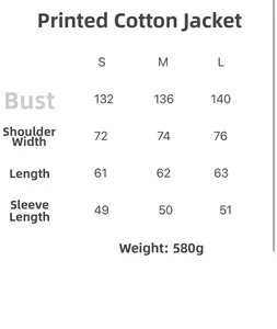 Detailed size chart for street fashion printed quilted jacket in sizes S to L