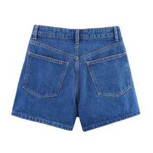 Women's minimalist high-waisted loose denim shorts in dark blue with classic back pockets