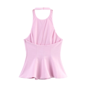 Sleeveless pink halter peplum top with ruffle hem and back button closure for summer