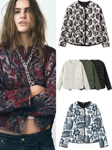 Detail view of women's quilted jackets featuring floral prints and solid color options