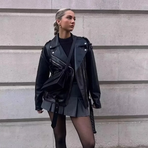 Women Oversized Faux PU Leather Biker Jacket Fashion Streetwear Loose Lapel Zipper Outerwear With Belt Long Sleeve Black Coat