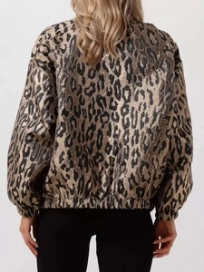 Detailed back view of a satin leopard print bomber jacket with drawstring waist