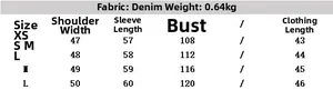 Size chart table for denim cropped jacket showing shoulder, sleeve, chest and length details