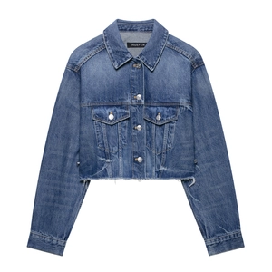 Women's Cropped Denim Jacket Washed Frayed Hem Button Up Jean Coat With Pockets Casual Streetwear Outerwear Spring Autumn