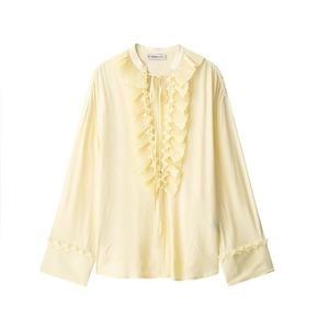 Camicetta da donna in chiffon giallo a maniche lunghe con volant plissettati e scollo a lacci