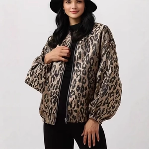 Women's Casual Leopard Print Bomber Jacket Loose Fit Long Sleeve Zipper Up Lightweight Outerwear Fashion Coat For Autumn