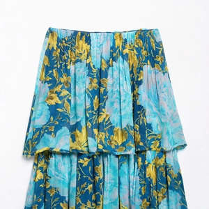 Women's summer loose floral strapless dress in indigo chiffon with double layered ruffles