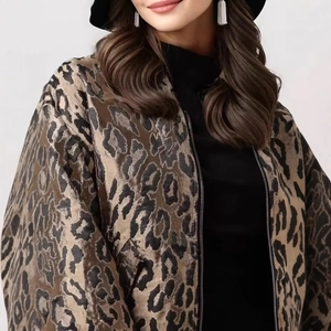 Chic women's leopard print jacket with metal zipper closure and high neck style