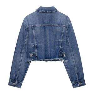 Women's cropped denim jacket in classic blue with frayed hem and drop shoulder design