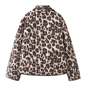 Rear view of women's leopard print quilted jacket with diamond patterns and black piping