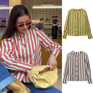 Women Vintage Vertical Striped Puff Long Sleeve Shirt Casual Round Neck Single Breasted Blouse Top For Spring Office Commuting