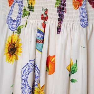 Damen Sommerkleid mit Smoke-Effekt, mediterranem Zitronen- und Majolika-Druckmuster