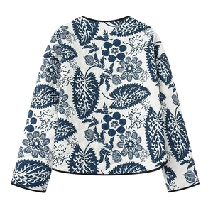 Detail of quilted cotton jacket showing vintage floral prints and premium stitching