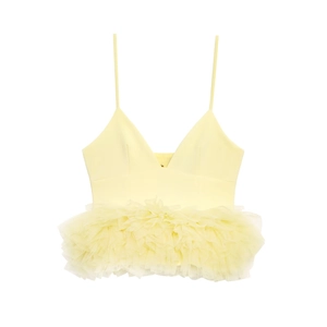 Chic yellow v-neck spaghetti strap top with layered tulle ruffle peplum hem