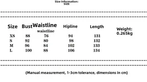 Detailed size chart for elegant summer maxi dress including bust, waist, and length measurements