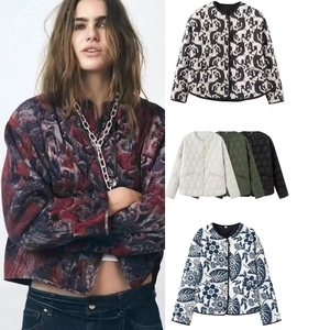 Quilted women's collarless jackets in various solid colors and abstract prints