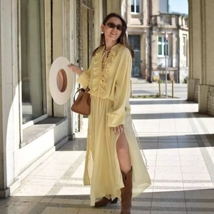 Top a Maniche Lunghe in Chiffon Stile Francese da Donna o Gonna Maxi a Vita Alta Elegante Con Volant Plissettato Giallo Chiaro Abiti Estivi