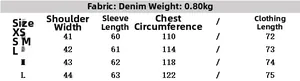 Size chart for women's distressed denim jacket showing shoulder, sleeve, bust, and length