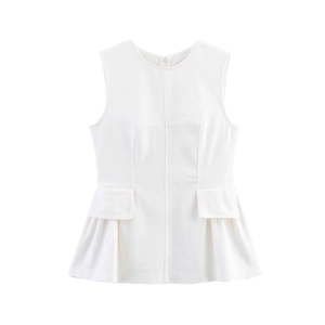 French style white sleeveless peplum top with round neck and flap pockets for women