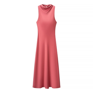 Women Elegant Satin Sleeveless Midi Dress With Belt Mock Neck Pleated A-Line Summer Party Evening Cocktail Dress