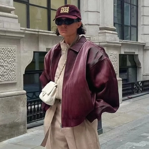 Women Burgundy Pleated Bomber Jacket Loose Fit Long Sleeve Full Zip Fashion Streetwear Casual Outerwear Coat