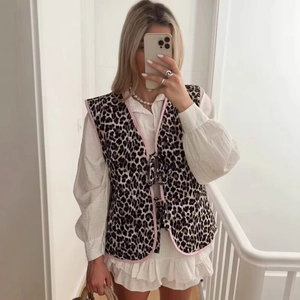 Gilet Trapuntato da Donna con Stampa Leopardata Bordo a Contrasto Rosa Allacciatura con Fiocco Gilet Senza Maniche Giacca Casual Top