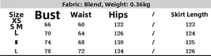 Size chart for French tulle backless midi dress with measurements in XS to L sizes
