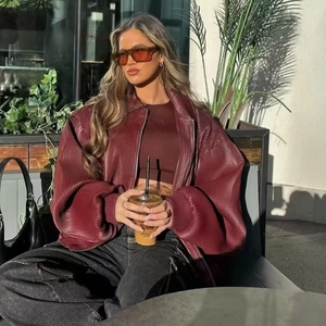 Women's burgundy pleated bomber jacket with a trendy oversized fit and retro style