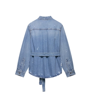 Women's light blue distressed denim jacket with waist belt and ripped details