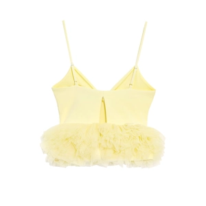 Bright yellow spaghetti strap top with layered tulle peplum hem and elegant V-neckline