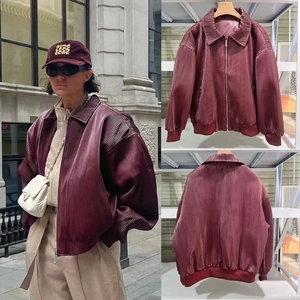 Women's burgundy pleated texture bomber jacket with a metallic sheen and loose fit