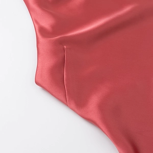 Elegant brick red satin dress with belt and fine pleated waist details in 2025 summer style