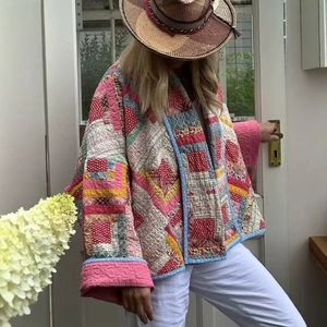 Women's Bohemian Quilted Patchwork Jacket Ethnic Floral Print Open Front Loose Coat Vintage Streetwear Outwear