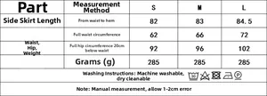 Size chart with length, waist, and hip measurements for women's sequin bodycon skirt