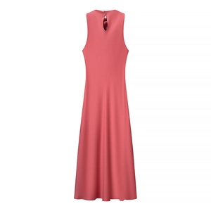Elegant sleeveless pink A-line dress with keyhole back and matching waist belt