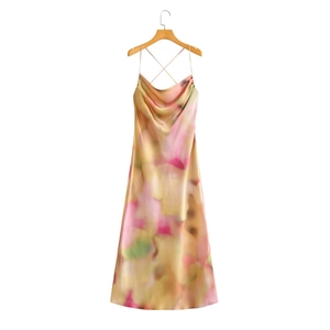 Women's backless satin slip dress with abstract floral dye pattern and cowl neckline